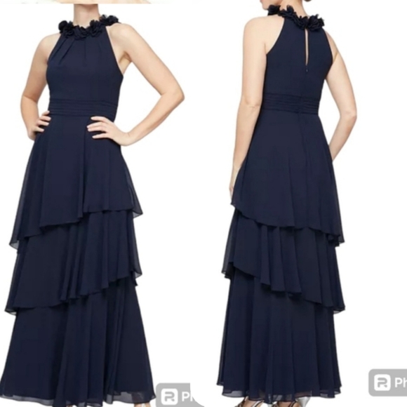 ALEX EVENINGS Alex and Eve Size 8 Blue Halterneck 3D Floral Ruffle Maxi Gown NWT